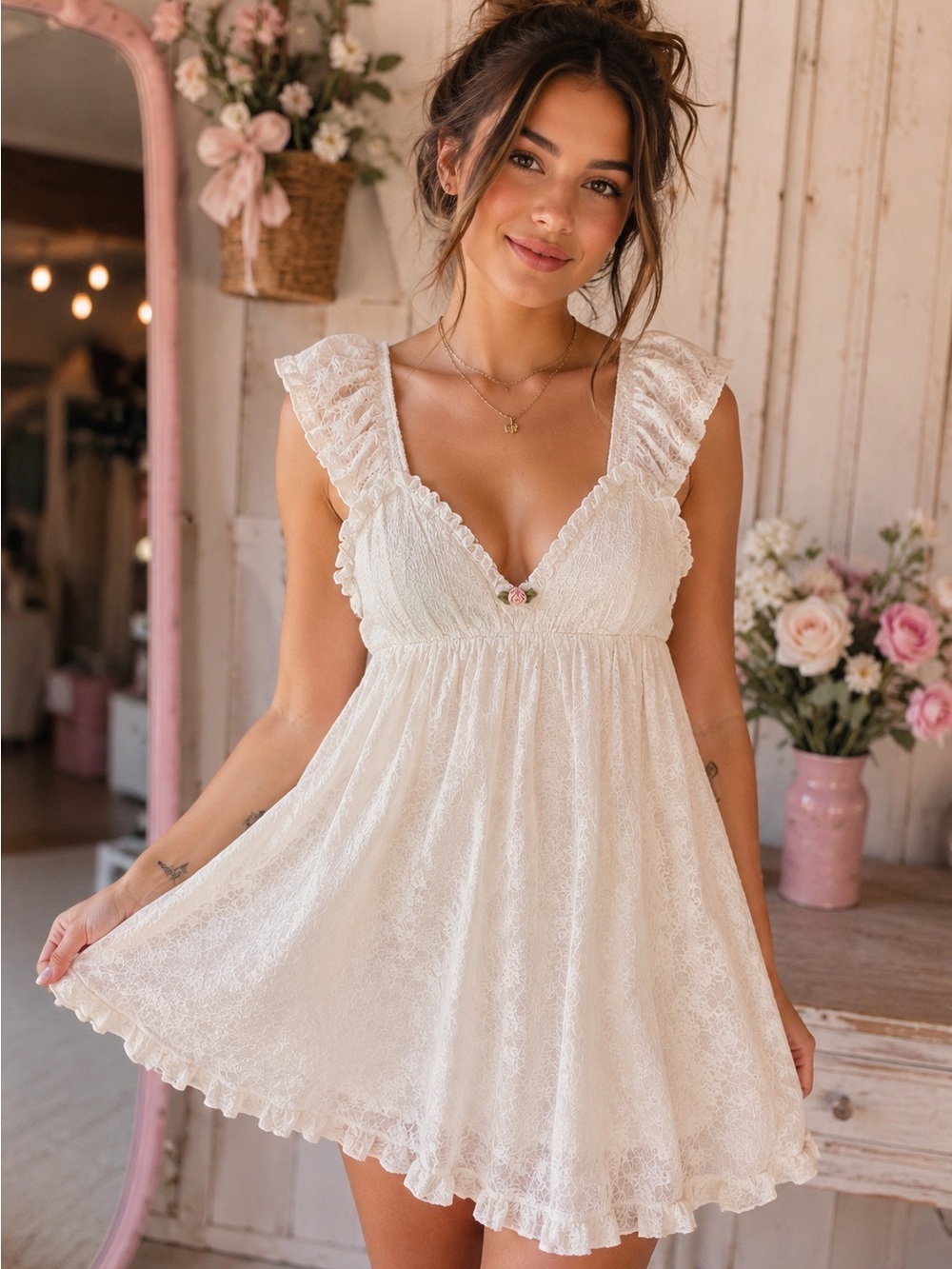 wild fable Ivory Lace Ruffle V-Neck Mini Dress